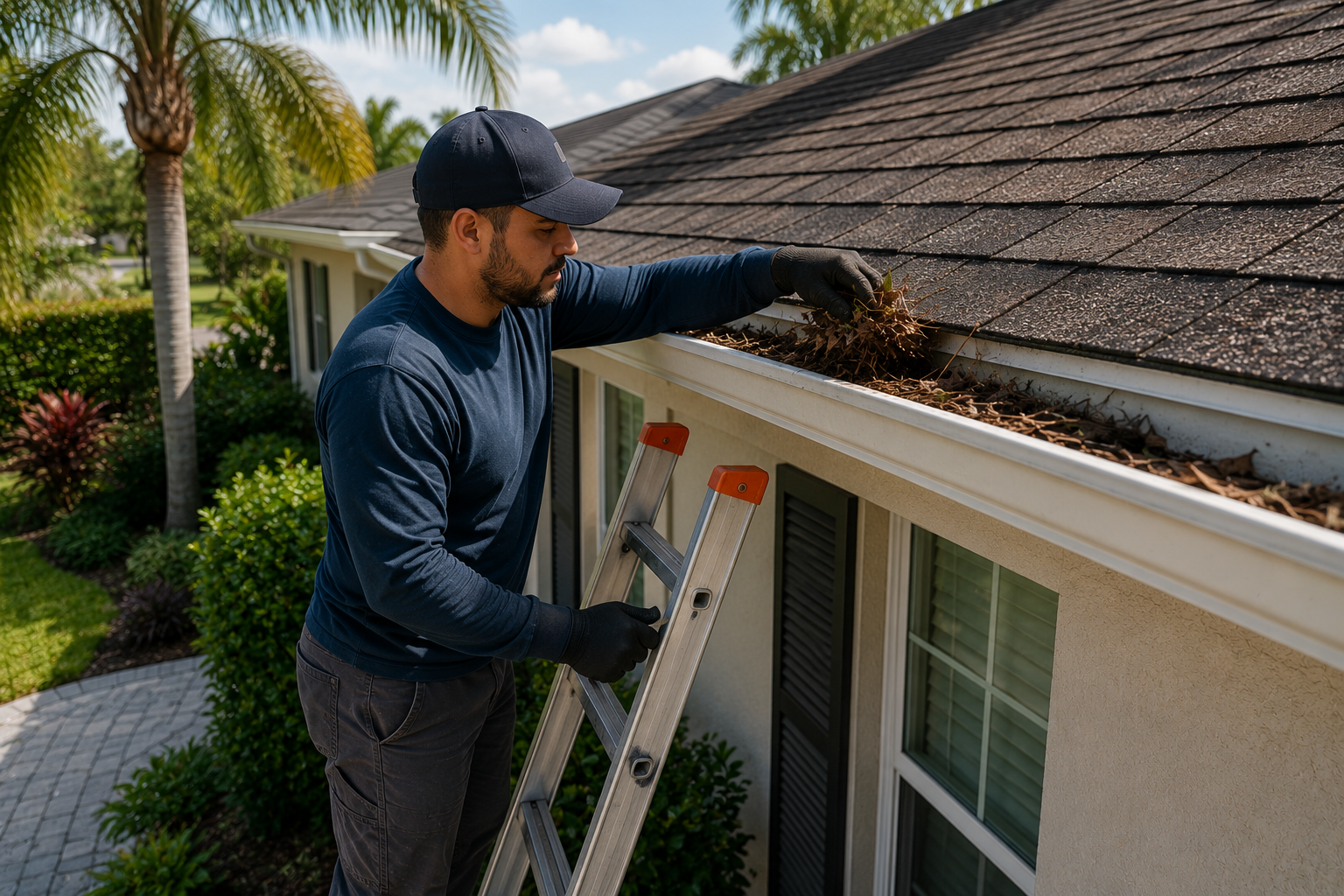 Signature Services technician soft washing the stucco exterior of a Florida home