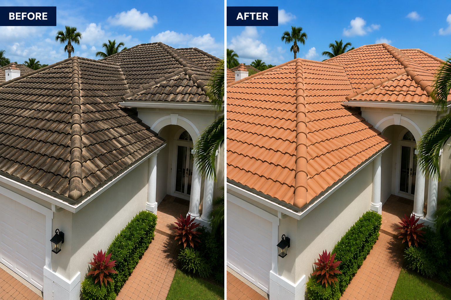 Before and after house washing on a stucco home in Tampa Bay, showing algae and exterior buildup removed