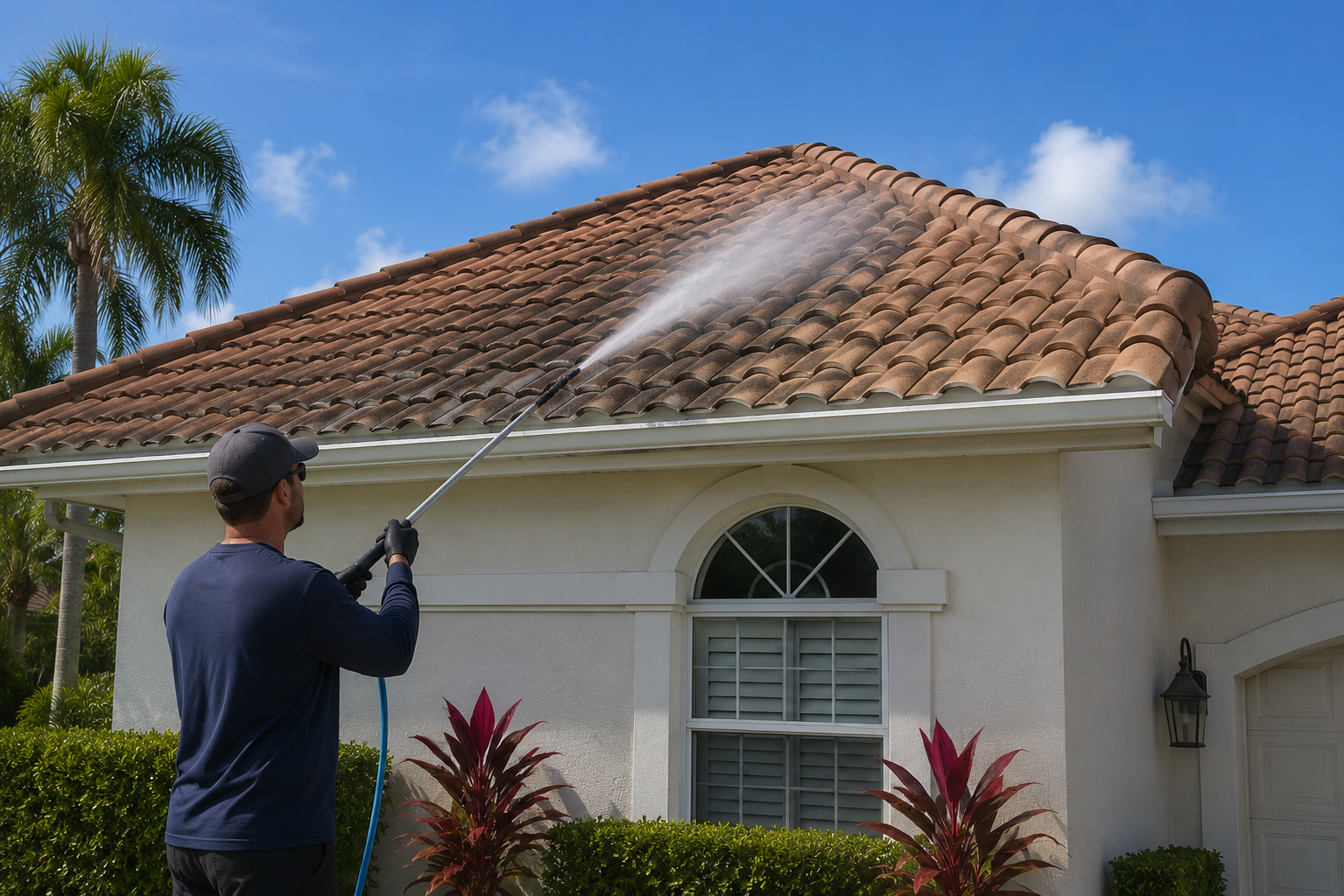 Coastal Shine technician soft washing the stucco exterior of a Florida home