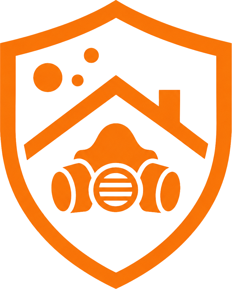 Orange shield logo with a gas mask and rooftop, resembling an air quality or safety icon