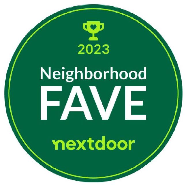 A green circle with the words neighborhood fave nextdoor on it