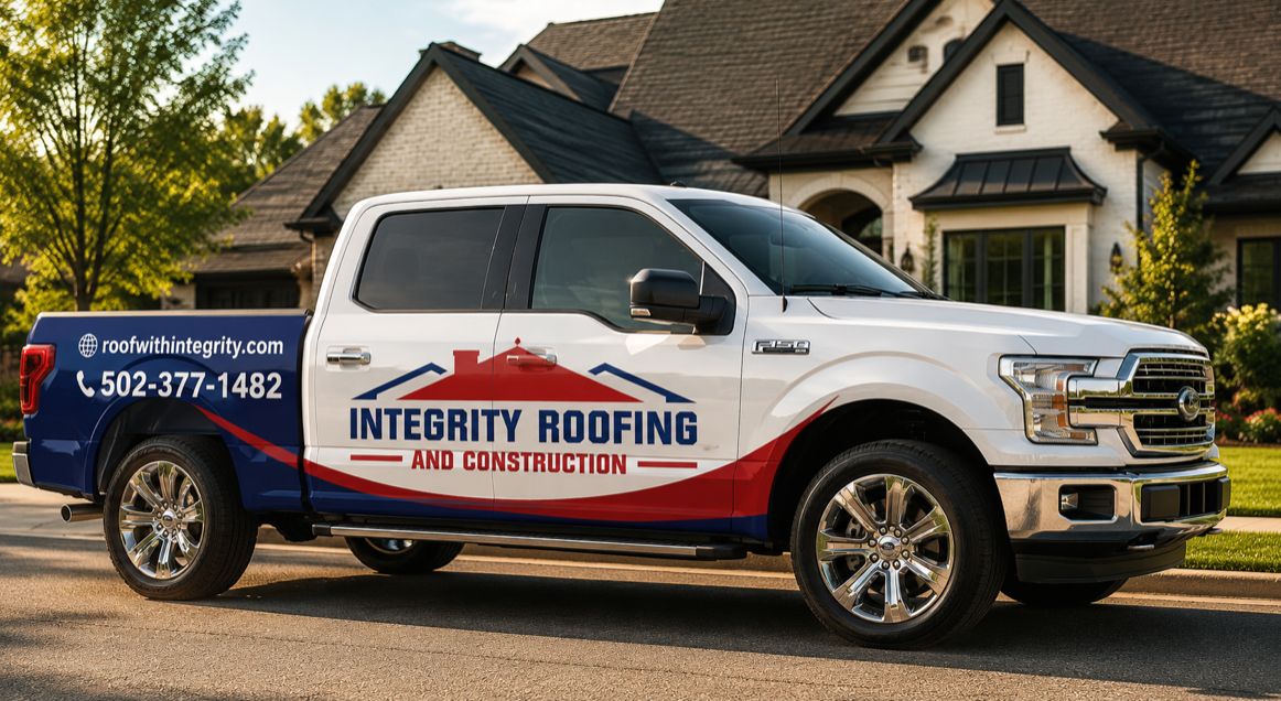 Red Integrity Roofing truck parked outside a gray house with workers on the driveway