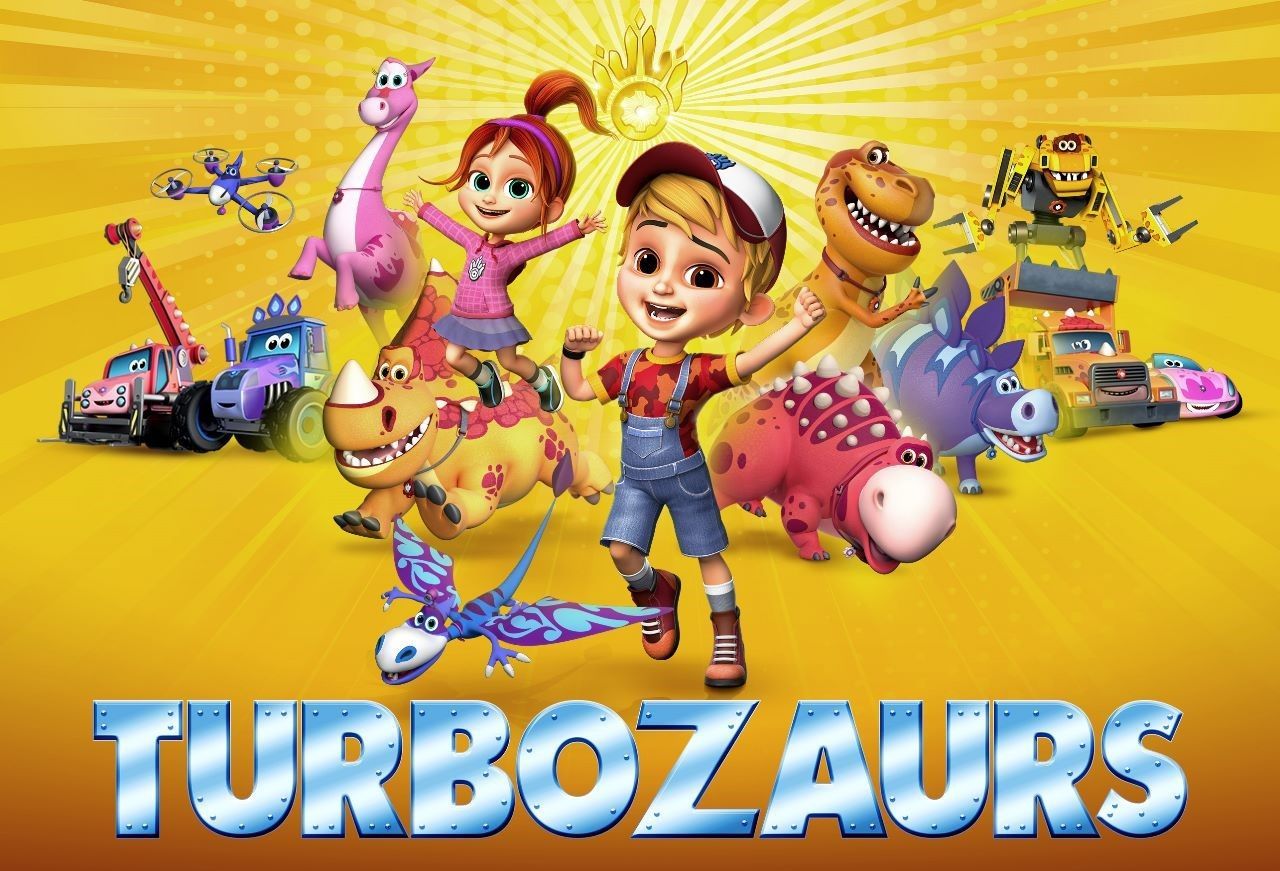 An image for turbozaurs shows a boy and a girl surrounded by dinosaurs.