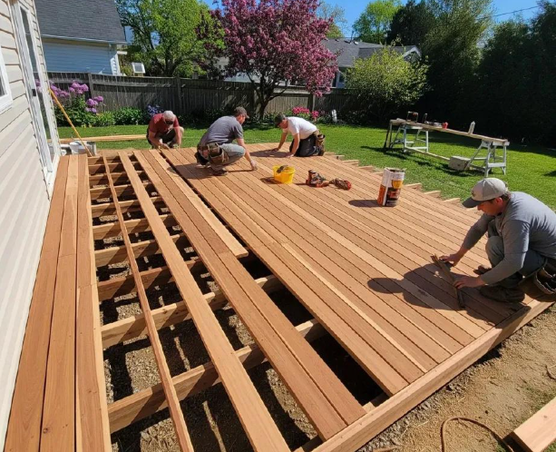 Crew installs wood boards across a large backyard frame during Deck Building Services in Buckeye, AZ for outdoor living.