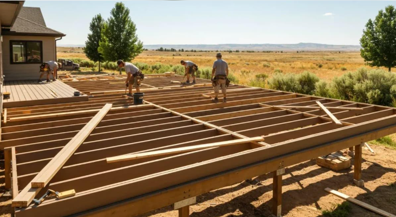 Crew builds a large custom deck frame in an open yard during Deck Building Services in Buckeye, AZ for strong foundation