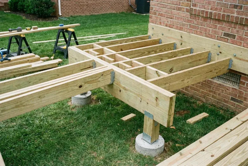 Wood deck joists extend from a brick house during Deck Building Services in Buckeye, AZ for sturdy new outdoor platform.