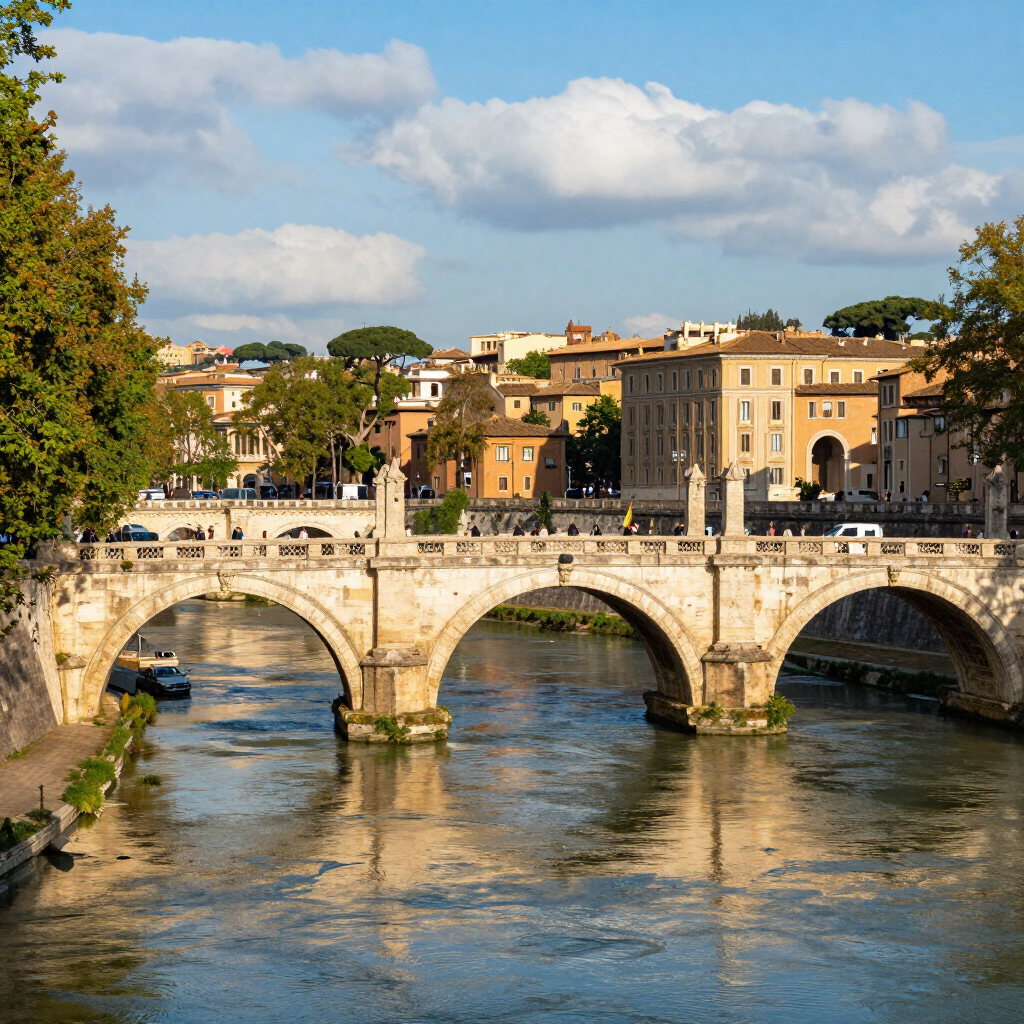 Un ponte di pietra su un fiume, con edifici storici e alberi sotto un cielo azzurro.