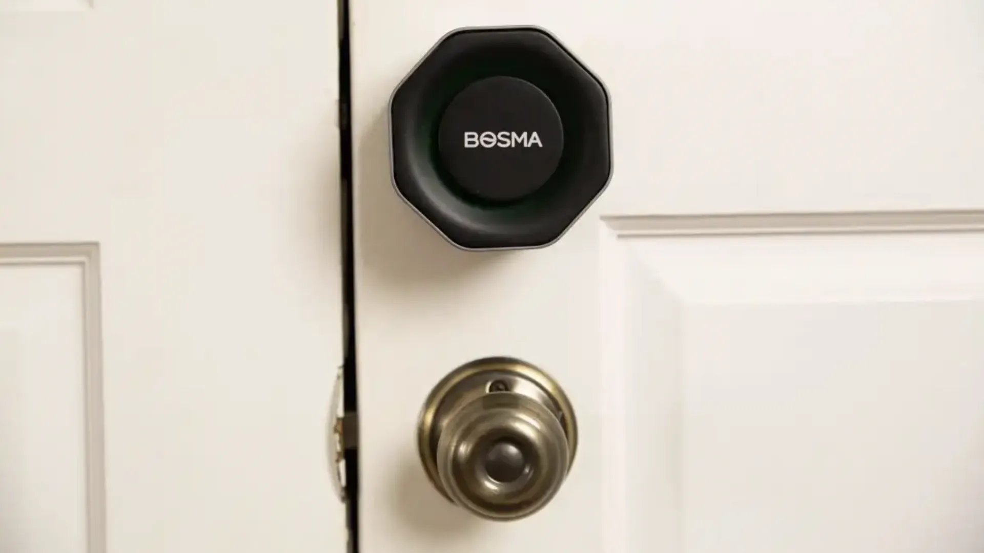 Black smart lock above brass door knob on a white door