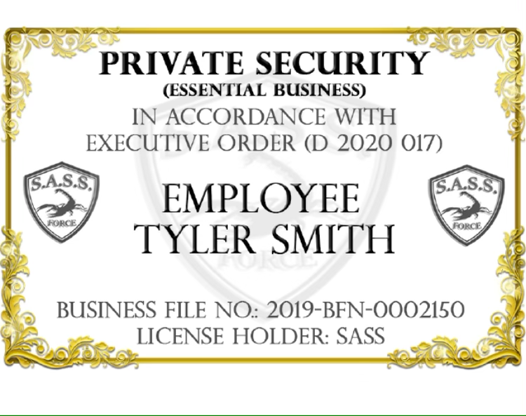 Private Security business credential for Tyler Smith with gold border, S.A.S.S. logos, and license details