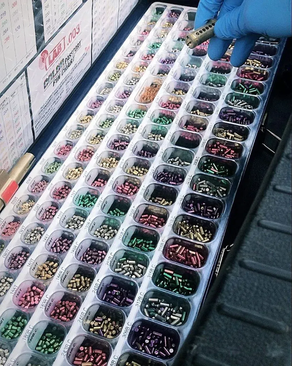 Gloved hand using tongs over rows of assorted colorful sweets in a display case