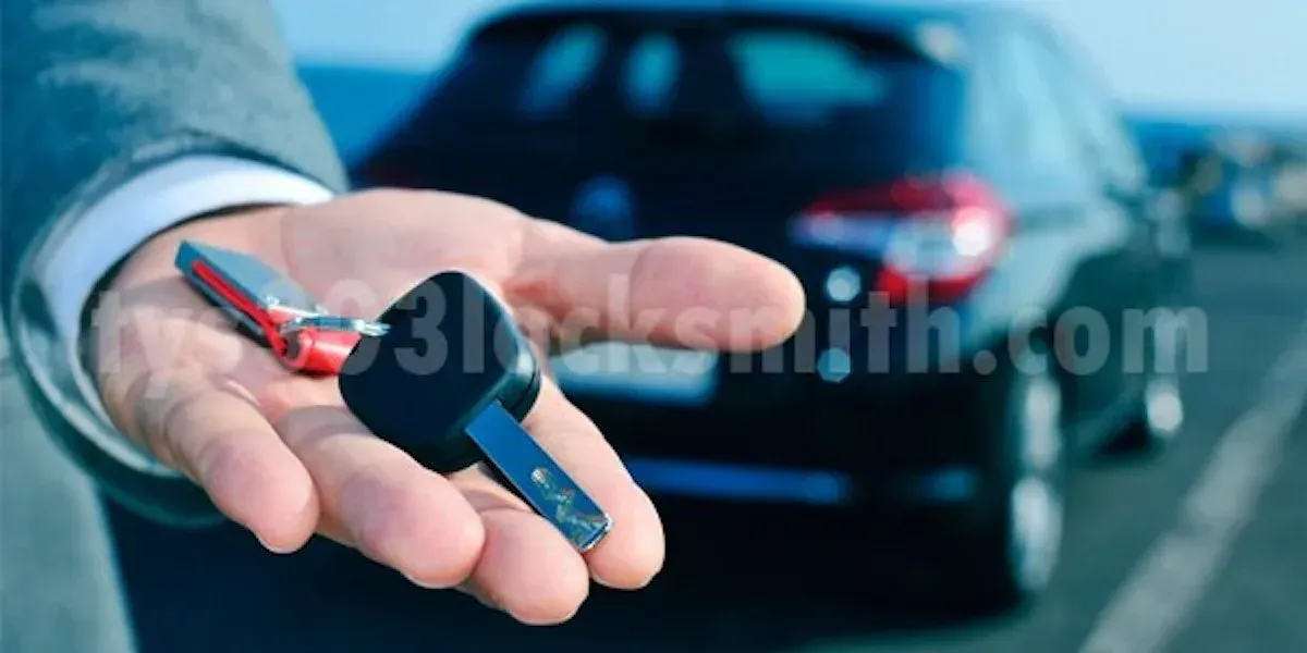 Person holding car keys in front of a blurred black car and blue background