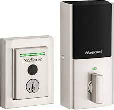 Kwikset electronic deadbolt lock in silver and black, shown from front and side views.