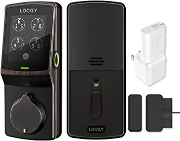 Smart lock set with black keypad deadbolt, interior panel, white battery pack, and mounting pieces