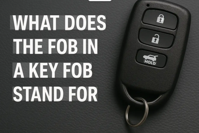 Key fob with lock, unlock, and trunk buttons beside text asking what “FOB” stands for