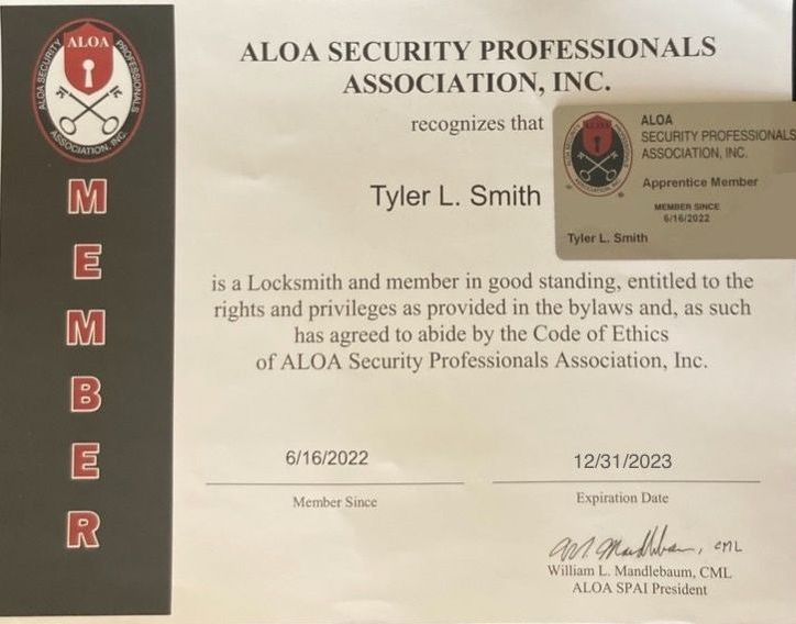 ALOA Security Professionals Association membership certificate with red seal and vertical “MEMBER” strip