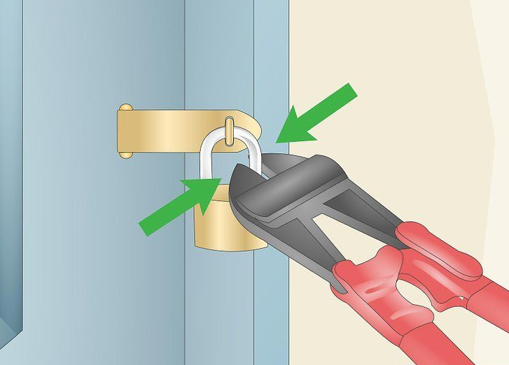 Pliers gripping and twisting a padlock shackle on a door latch