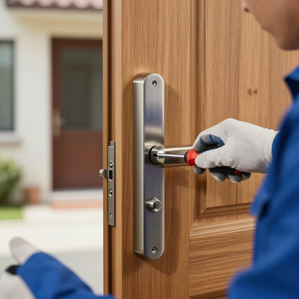 Gloved technician tightening a silver door handle with a screwdriver on a wooden door
