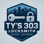TY’s 303 Locksmith logo with key and padlock, Denver, Colorado, in blue and gray