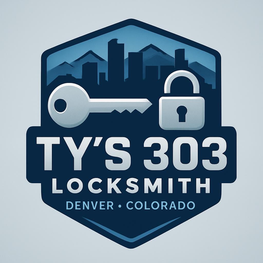 TY’s 303 Locksmith logo with key and padlock, Denver, Colorado, in blue and gray