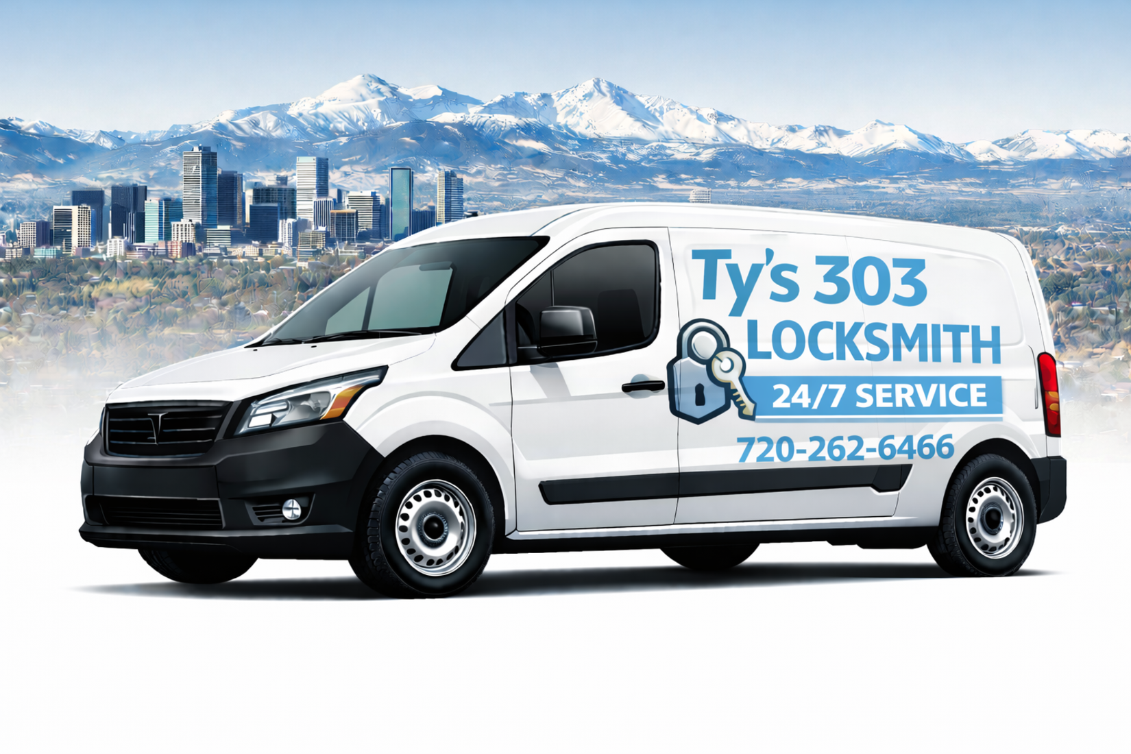 Ty’s 303 Locksmith van with logo, service phone number, and mountain city backdrop