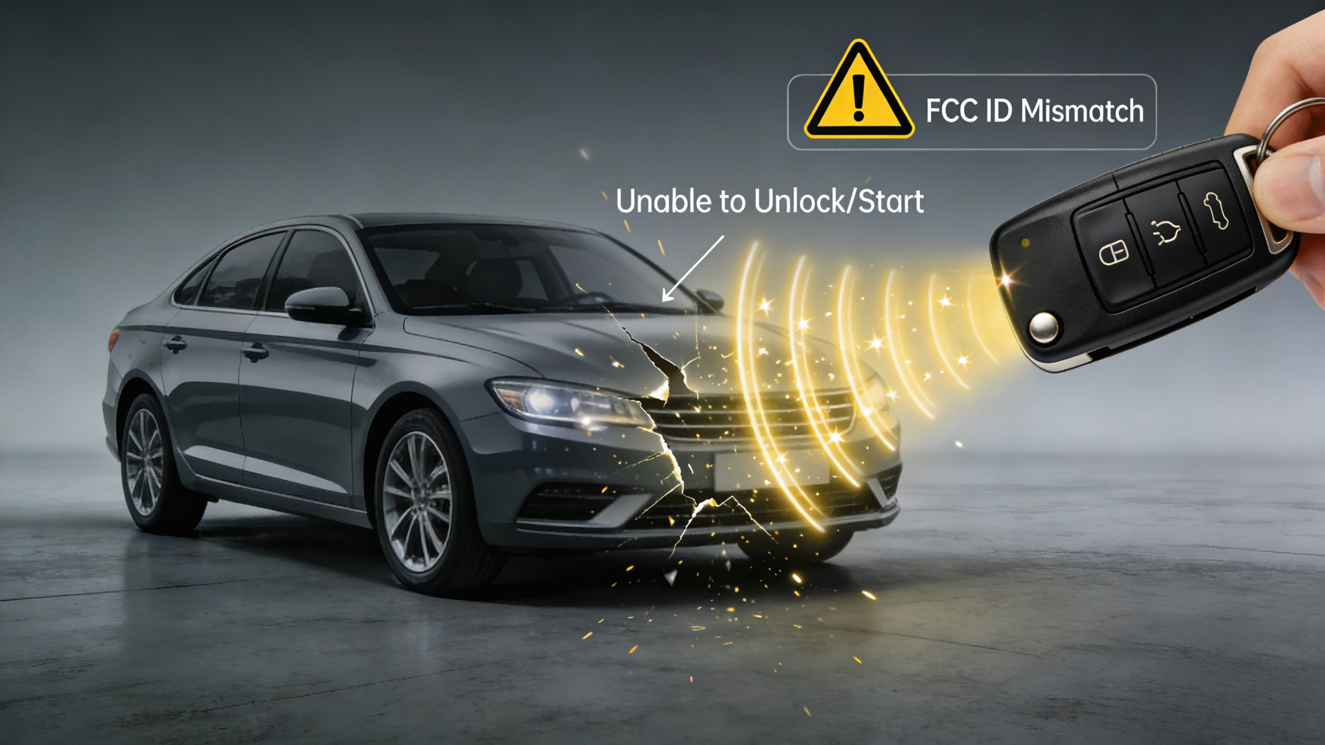 Silver sedan with a key fob sending wireless signal toward the car on a gray background