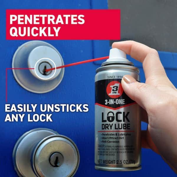 3-IN-ONE lock dry lube spray unjams a door lock, with “penetrates quickly” and “easily unsticks any lock” text