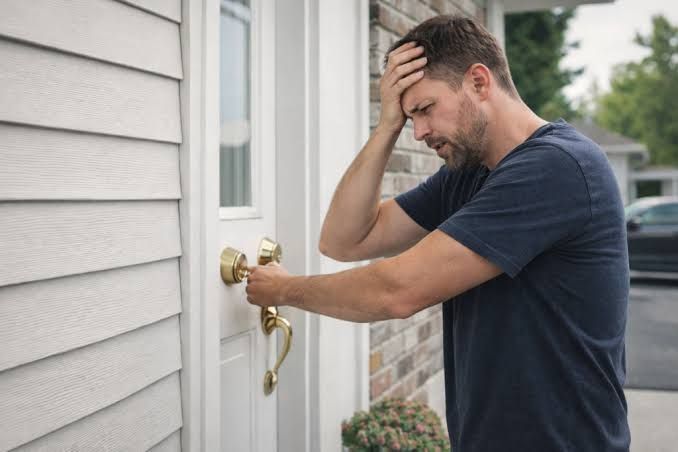 Man holding his head while trying to unlock a front door of a house