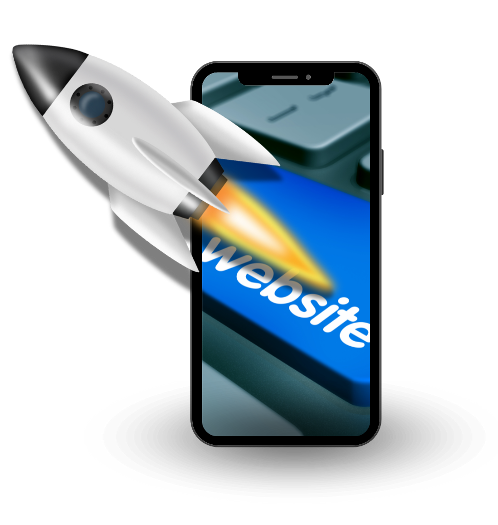 Une fusée vole au dessus d'un téléphone sur lequel est écrit site web