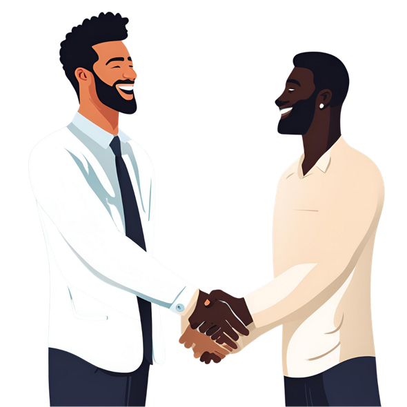 Deux hommes se serrent la main et sourient.