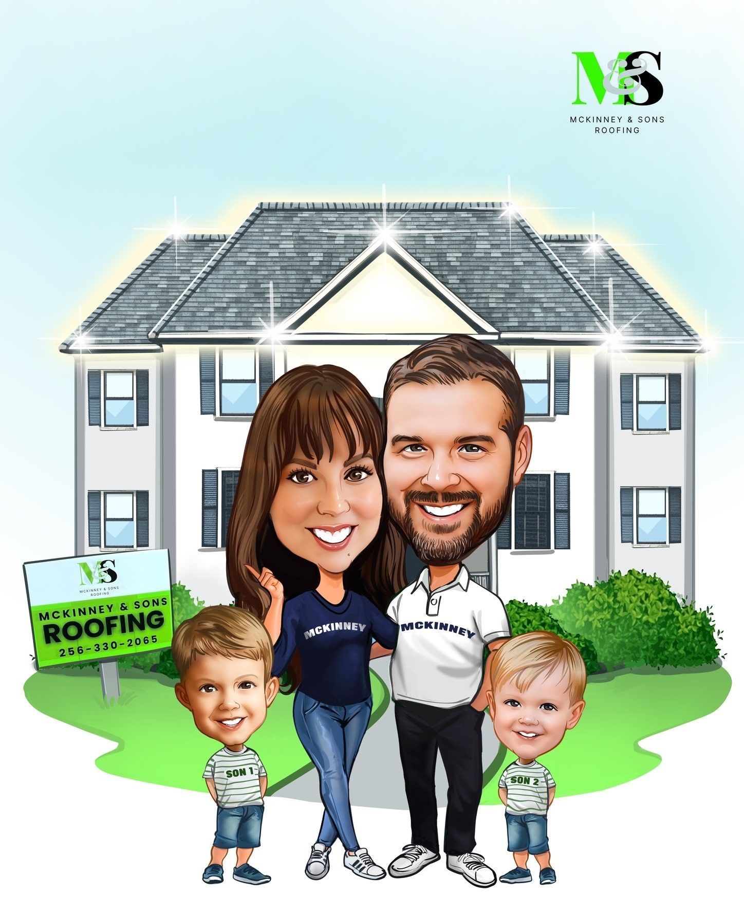 Family in front of a house, cartoon style. Roofers logo. Two children, parents smiling.