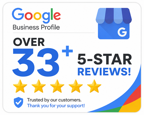 Google Business Profile badge: “Over 33+ 5-star reviews” with gold stars and blue storefront icon