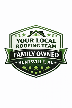 Logo for a Huntsville, AL roofing company: green and black shield with text 