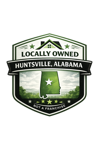 Locally Owned Huntsville, Alabama badge with green rocket and “Not a Franchise” text