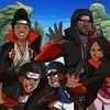 Group of people dressed as characters from Naruto, posing outside.