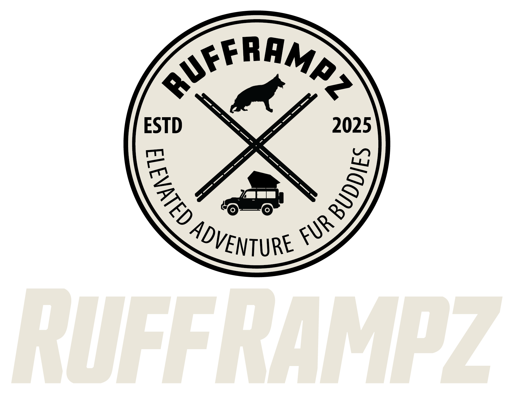 Logo: RuffRampz. Circle with dog and vehicle, crossed by lines.