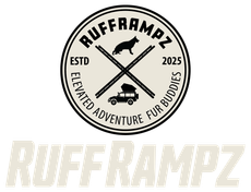 Logo: RuffRampz. Circle with dog and vehicle, crossed by lines.