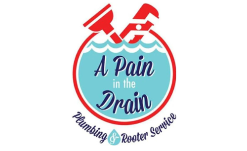 Logo for "A Pain in the Drain" plumbing service, featuring a red plunger and wrench over water.