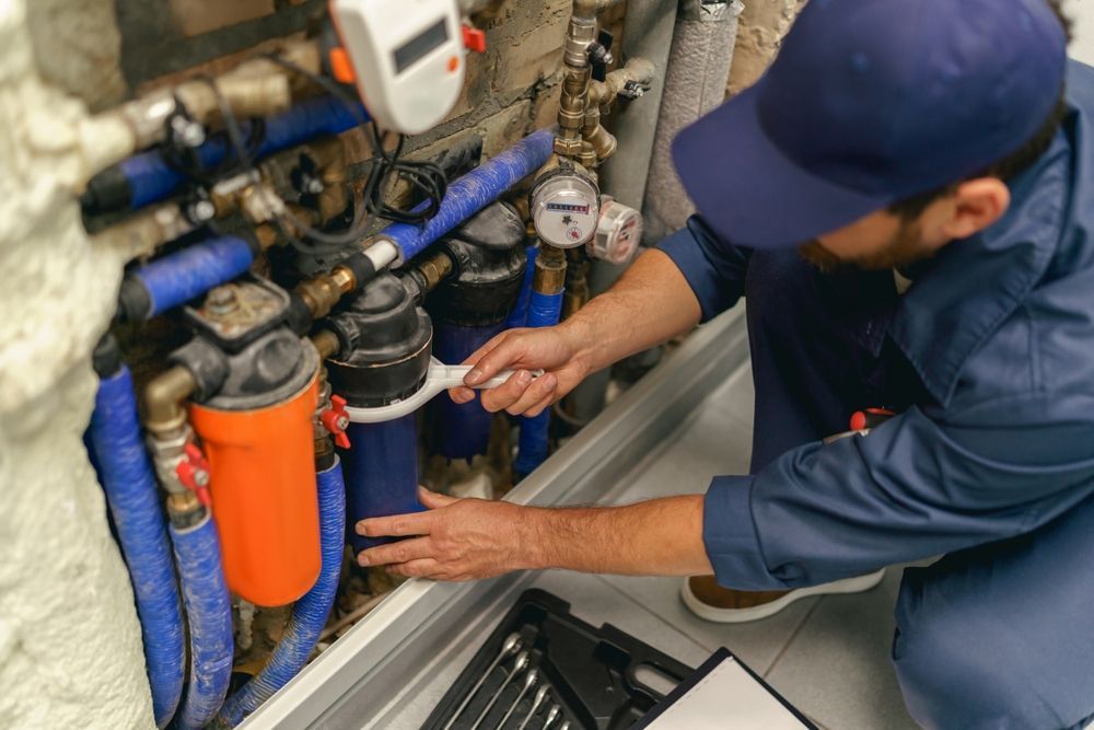 Plumber in blue uniform working on water filtration system with a wrench in a utility room.