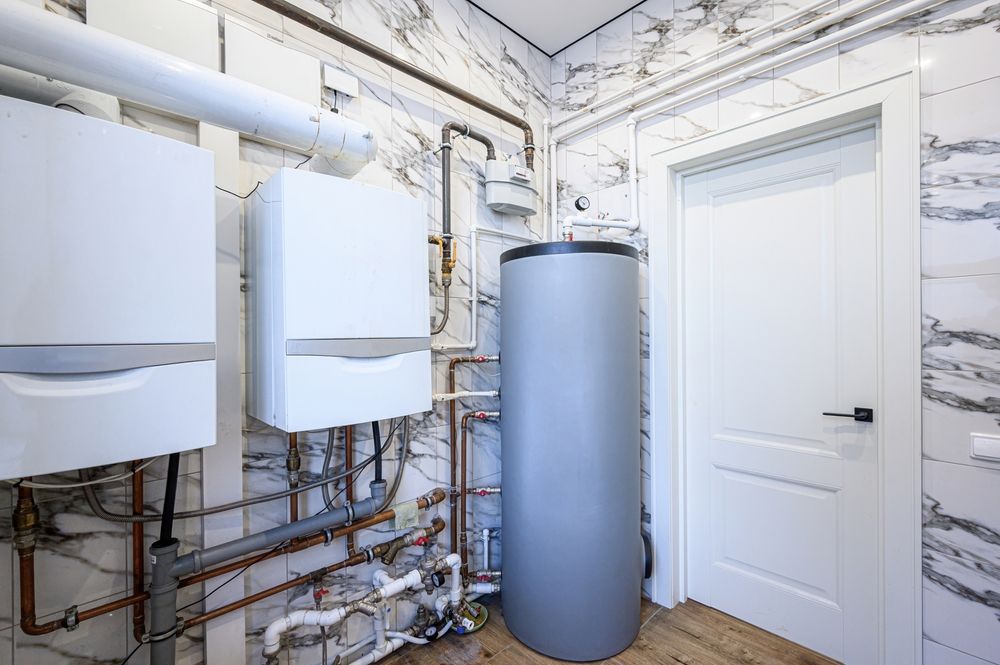 White appliances and water tank in utility room with white marble wall and door.