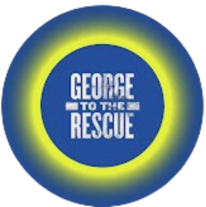George to the Rescue logo in white text on a blue circle with a yellow and blue glow ring