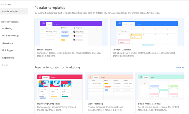 A screenshot of the Airtable templates page