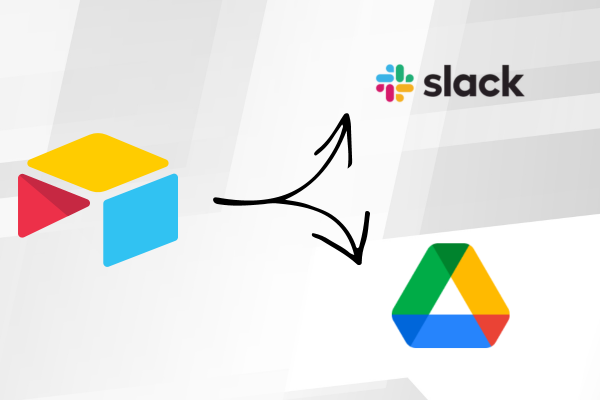 A diagram showing airtable connecting to slack or google drive using all logos and arrows