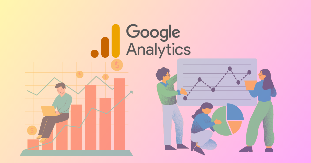 Animated charts with people and a google analytics 4 logo above them