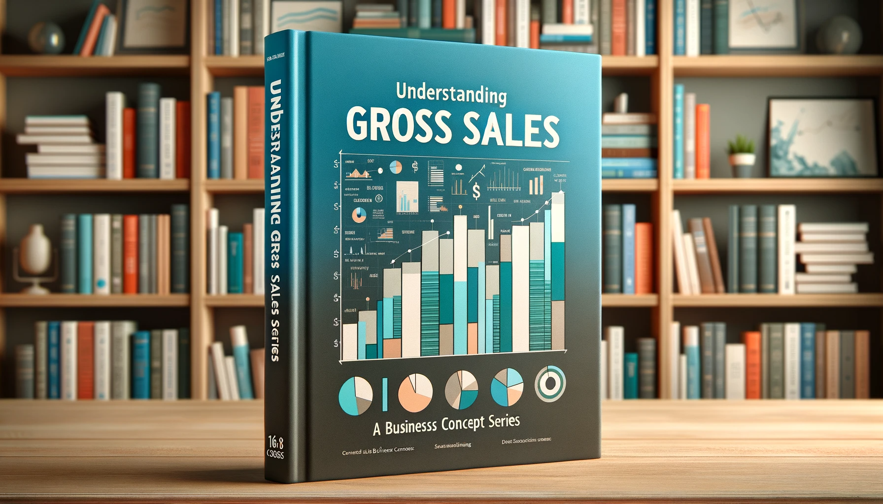 A book of gross sales with a background of books on a shelf as a blurry background.