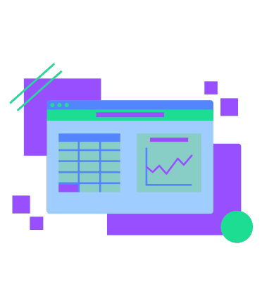 An artistic graphic showing a table and a chart on a screen with different sized squares around it and other geometric shapes.