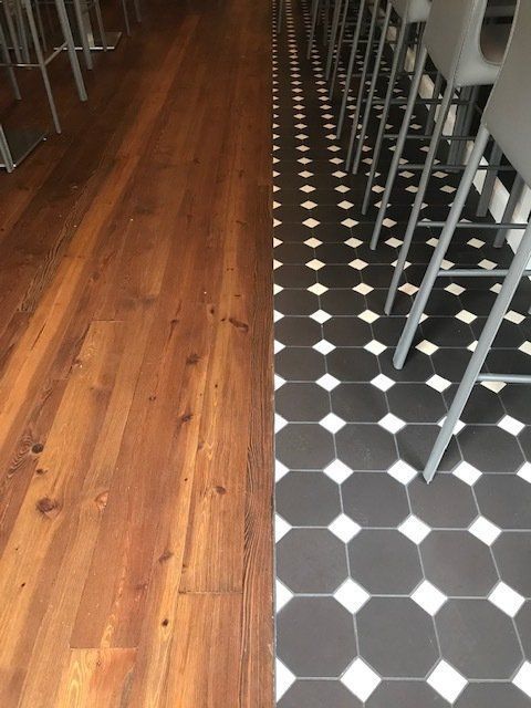 Wood and black-and-white tiled floor meeting in a café or restaurant interior with stools along the right side