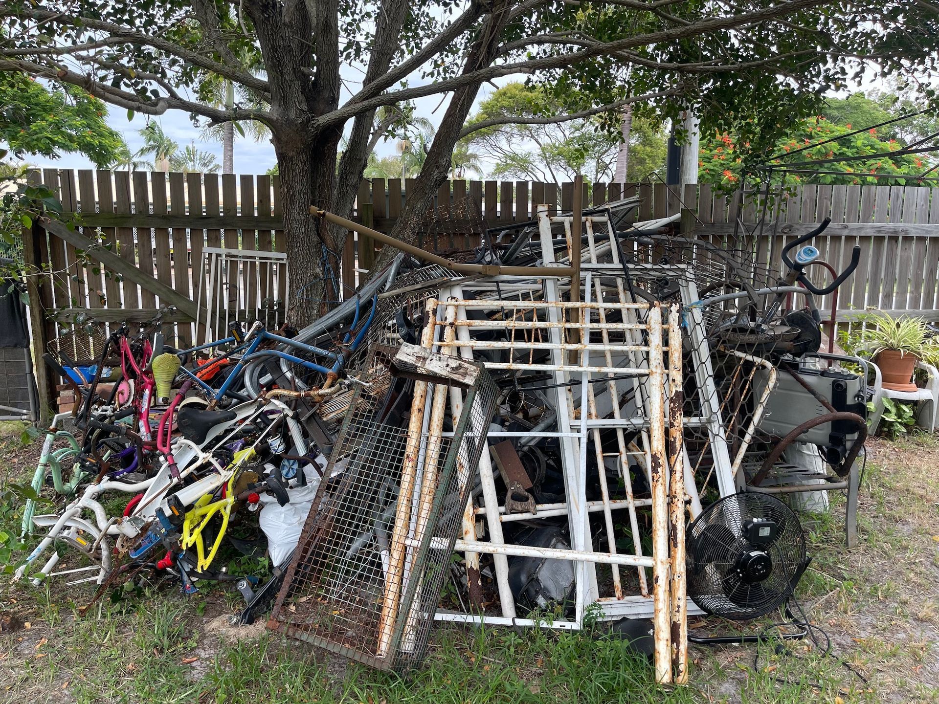 A pile of bicycles and other junk is sitting under a tree in a yard. — Demco In Currumbin Waters, QLD