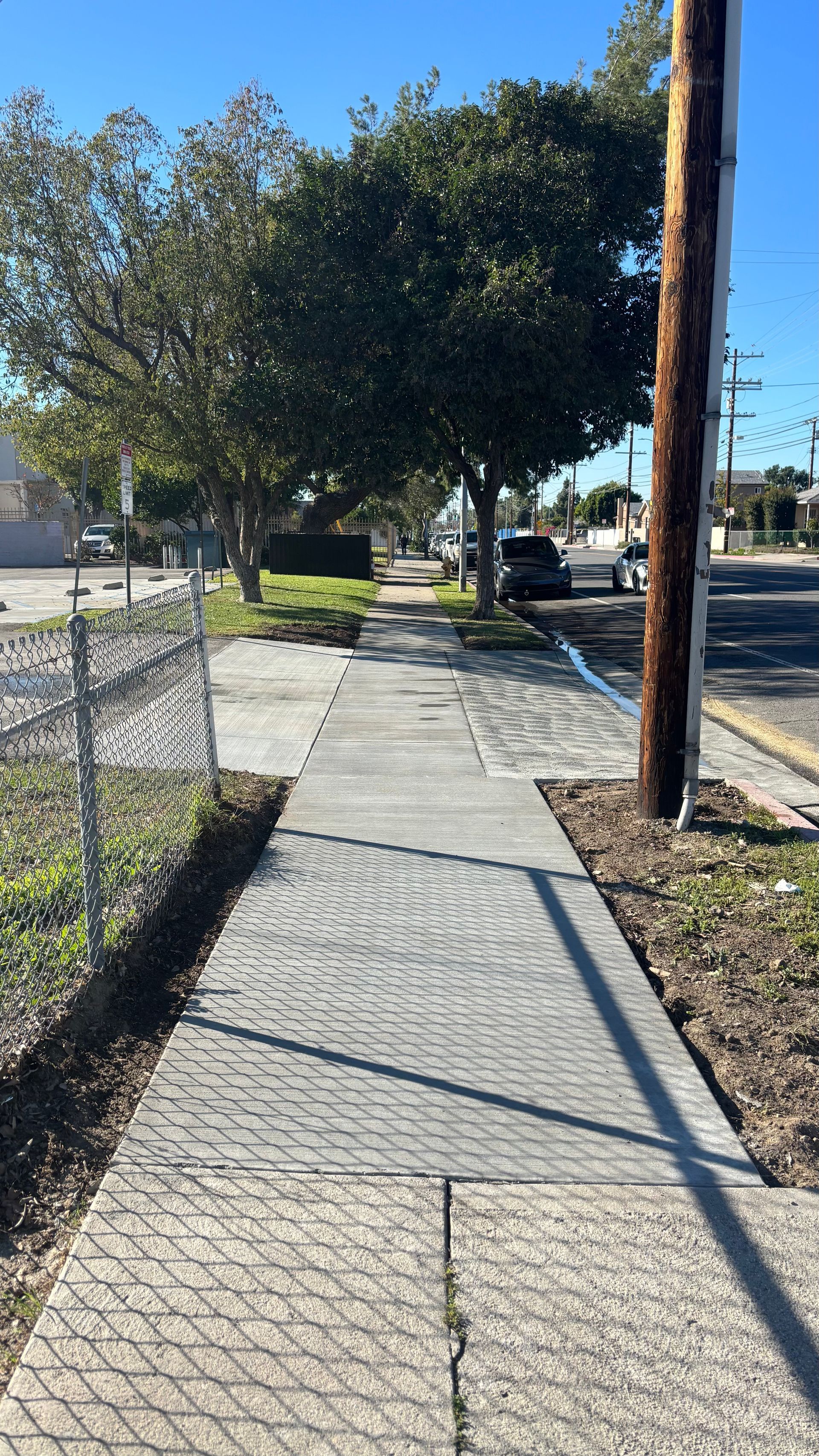 Sunny sidewalk beside a chain-link fence and utility pole, with trees and parked cars ahead.
