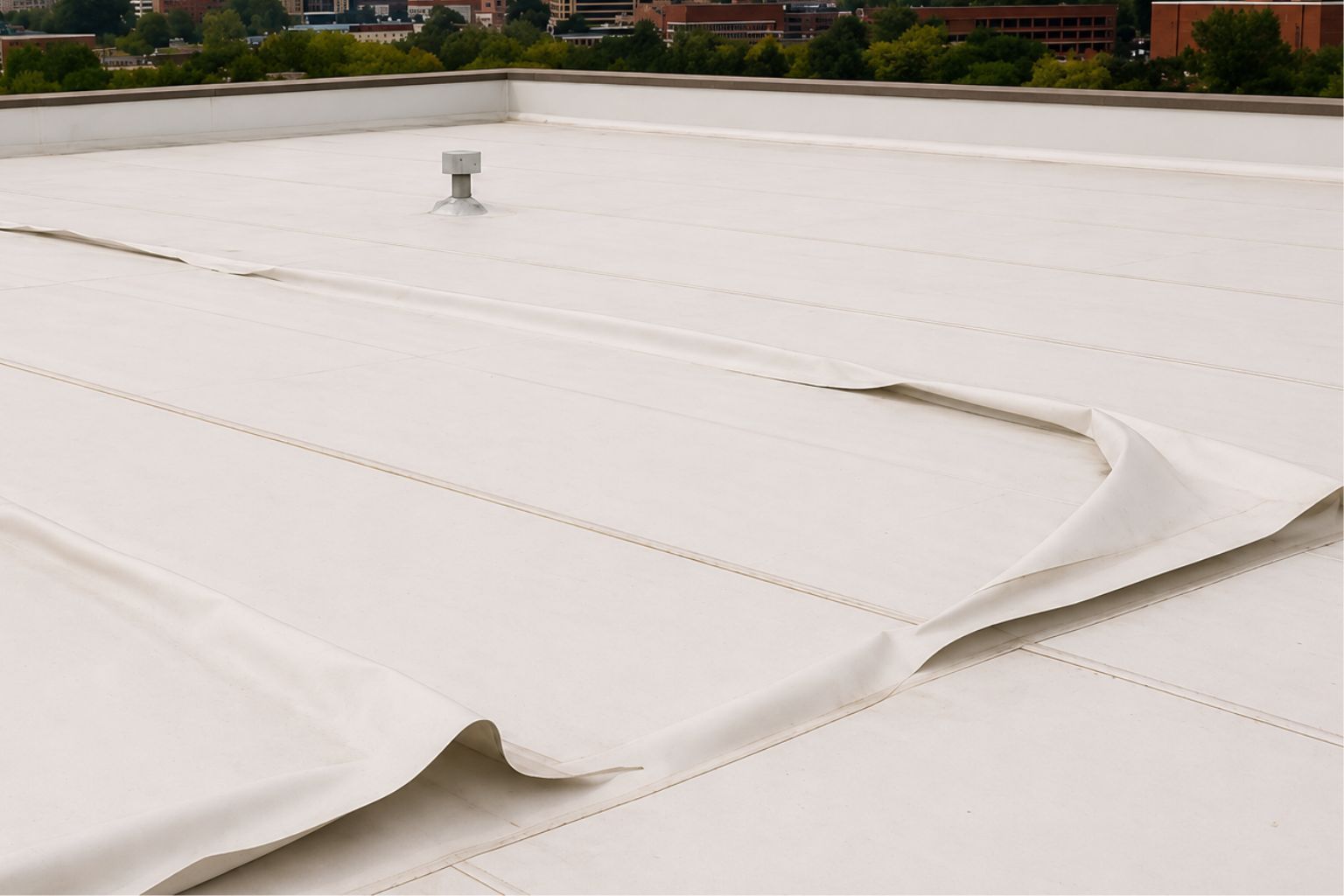 New single-ply membrane being installed on a commercial flat roof in Wisconsin