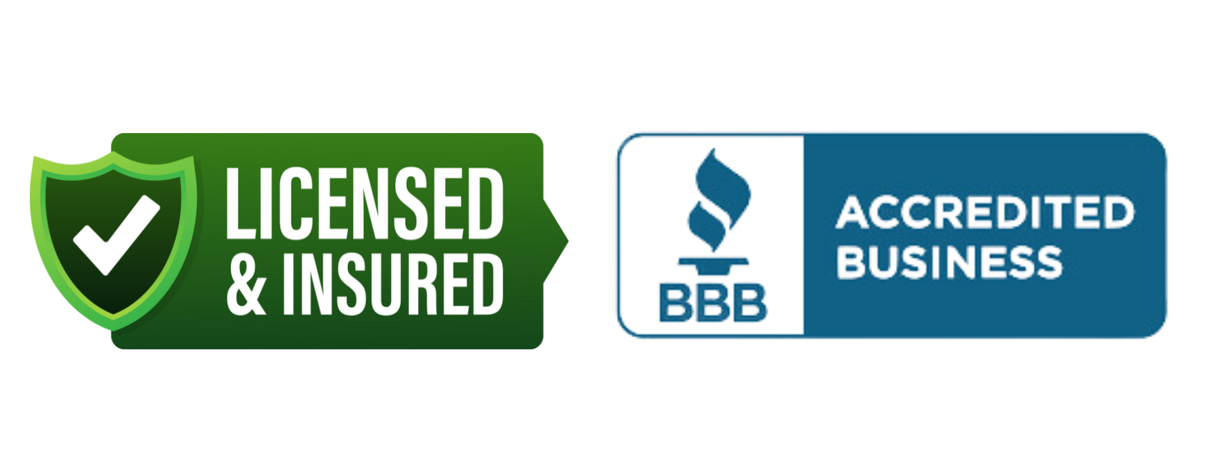 A licensed and insured badge next to an accredited business badge.